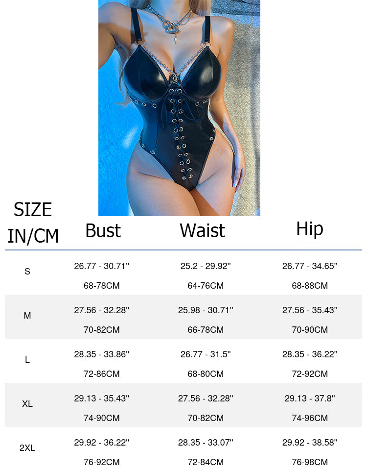 Womens Plus Size Lingerie – Black Leather Teddy Bodysuit with Deep V Neck & Adjustable Straps