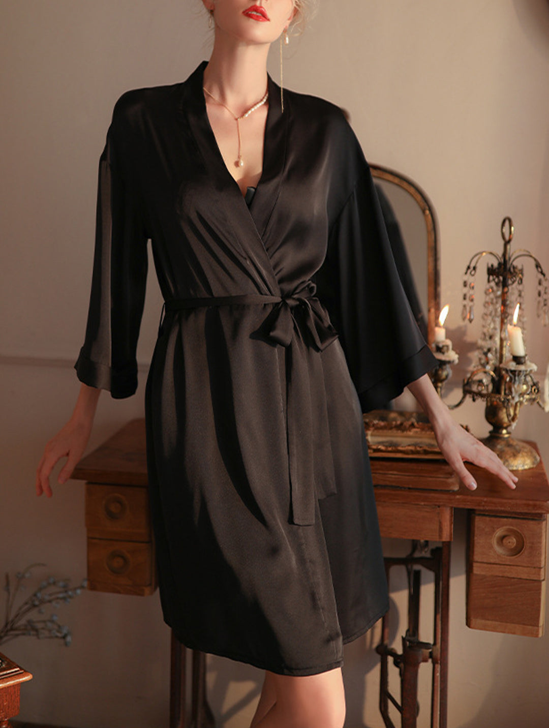 Elegant Sleepwear Sexy Babydoll Set – V-Neck Chemise, Matching Robes & G-String Thong