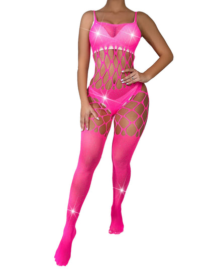 Off-Shoulder Fishnet Bodysuit with Rhinestones - Sexy Mesh Lingerie