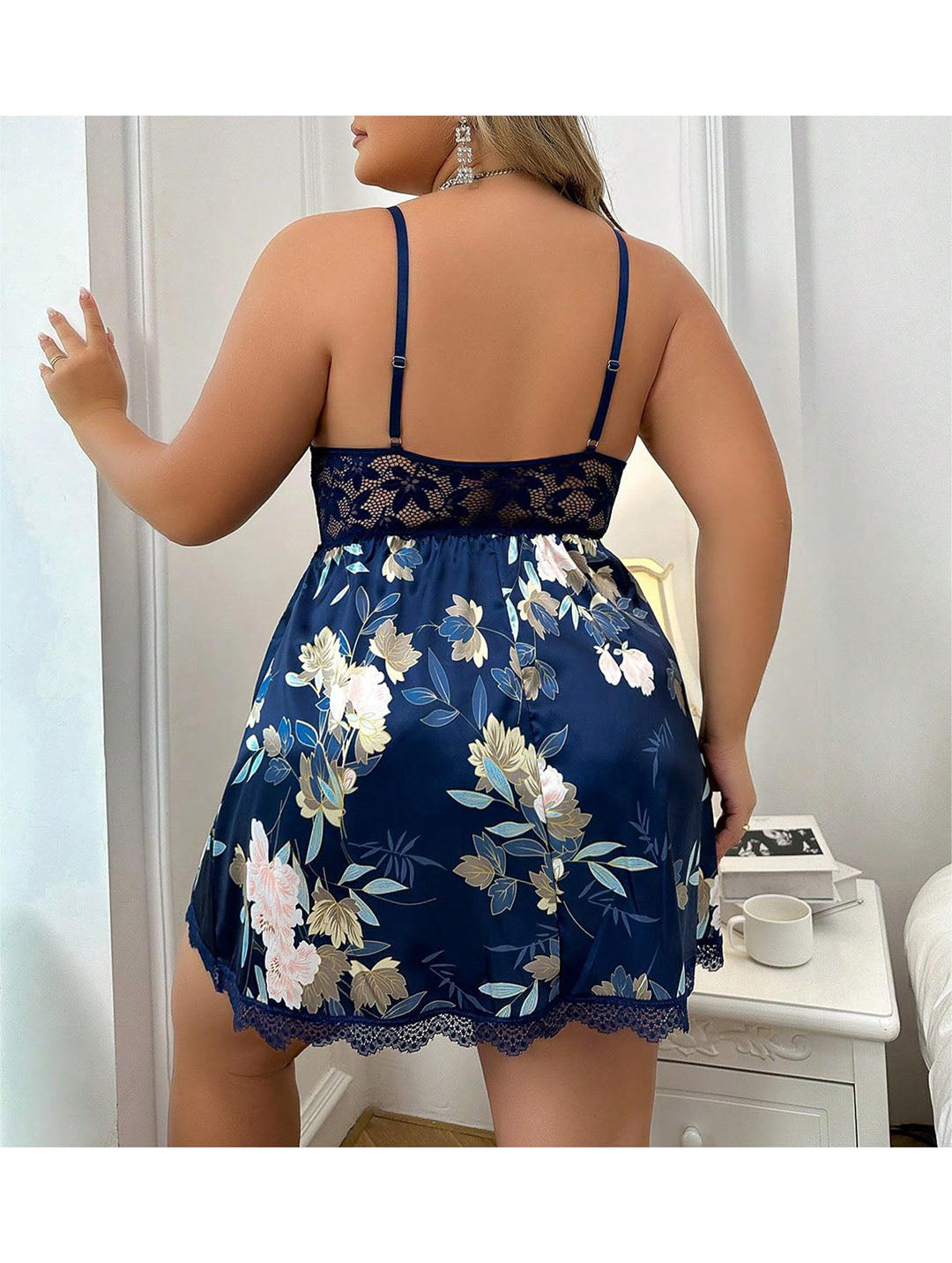 Plus Size Floral Lace Babydoll Mini Dress Lingerie Set with Matching Thong (XL–5XL)