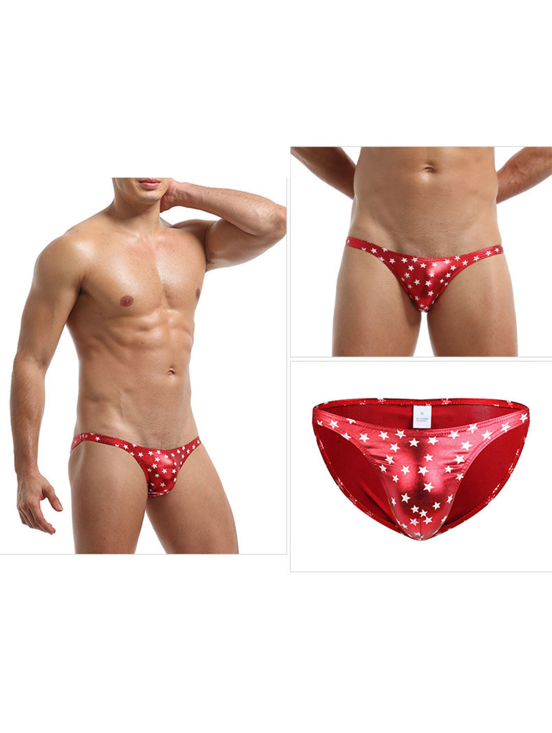 Bikini Bulge Men's Briefs – Breathable PU Leather Star Print Triangle Underwear with U-Convex Pouch