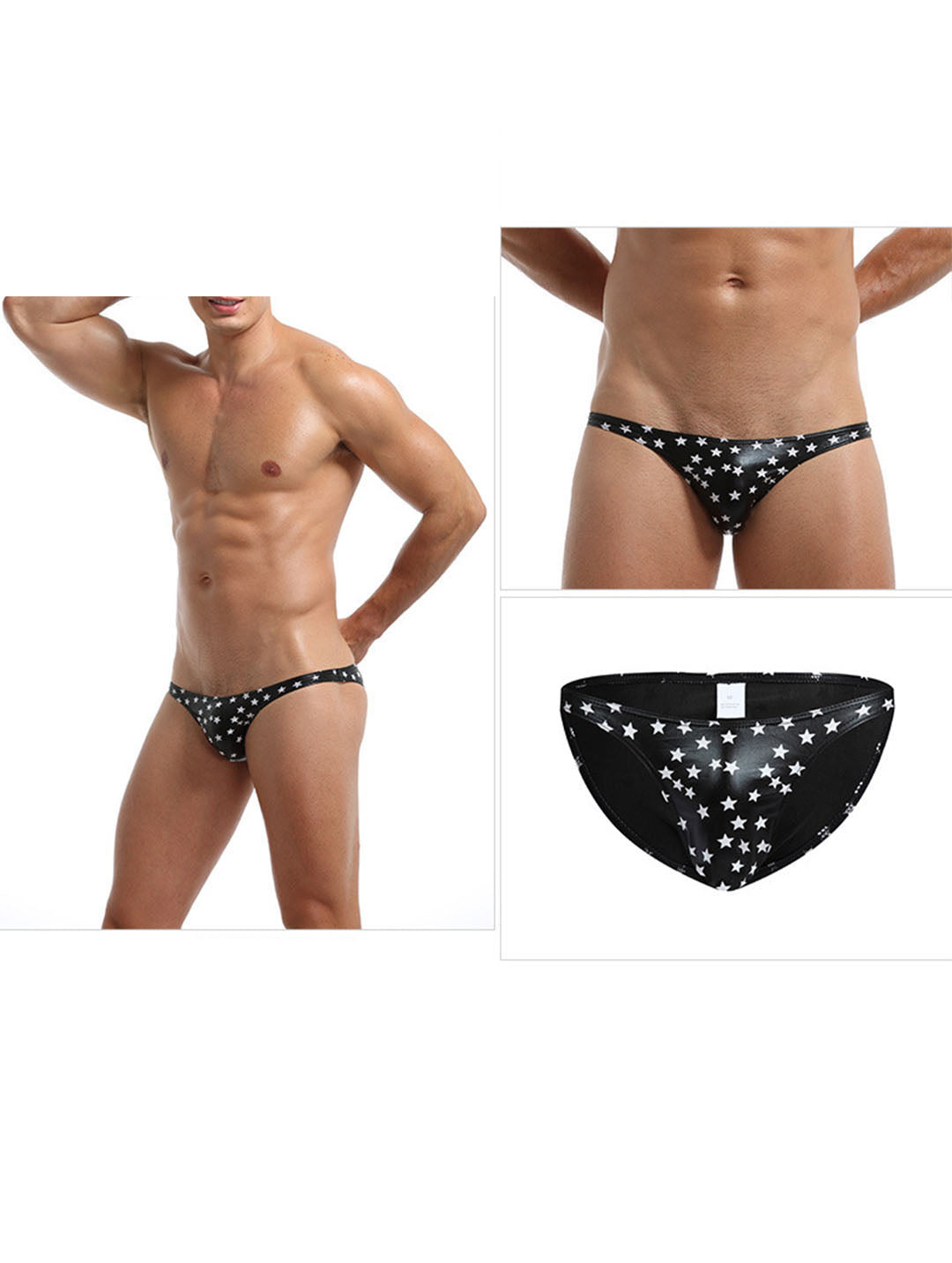 Bikini Bulge Men's Briefs – Breathable PU Leather Star Print Triangle Underwear with U-Convex Pouch
