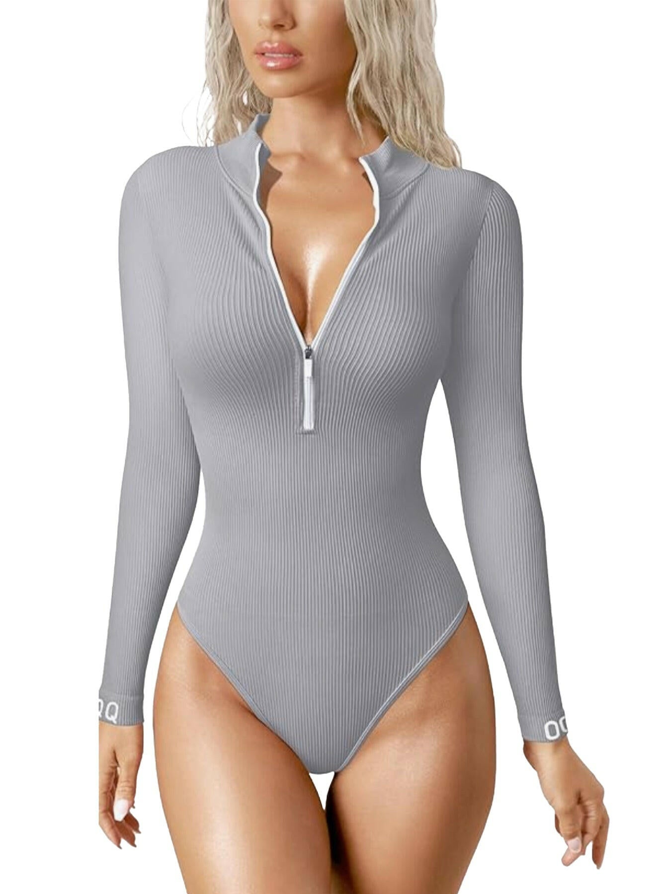 Women's Bodysuits Sexy Ribbed One Piece Zip Front Long Sleeve Tops Bodysuits