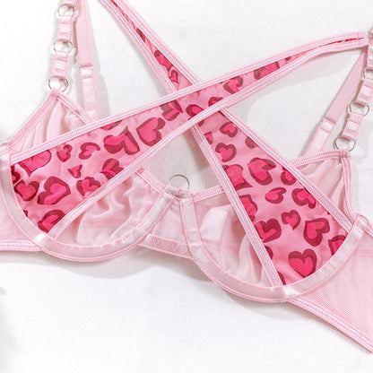 Sexy Leopard Print Lingerie Set – Erotic Boudoir Outfit with Metal Chain, Tulle, Thongs & Gloves