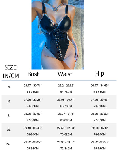 Womens Plus Size Lingerie – Black Leather Teddy Bodysuit with Deep V Neck & Adjustable Straps