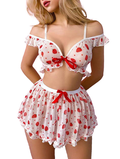 Strawberry Lace Babydoll Lingerie Set with Panty – Cute Off-Shoulder Mesh Nightdress for Women (S–XL)