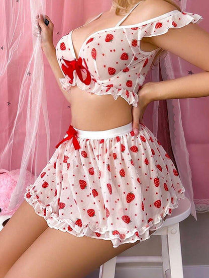 Strawberry Lace Babydoll Lingerie Set with Panty – Cute Off-Shoulder Mesh Nightdress for Women (S–XL)