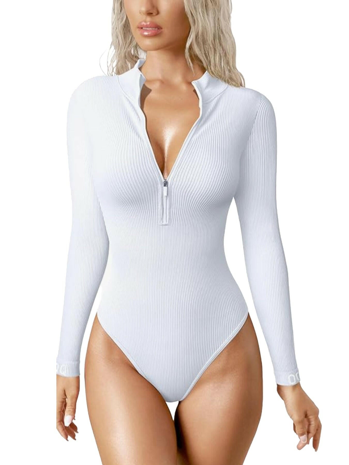 Women's Bodysuits Sexy Ribbed One Piece Zip Front Long Sleeve Tops Bodysuits