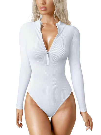 Women's Bodysuits Sexy Ribbed One Piece Zip Front Long Sleeve Tops Bodysuits