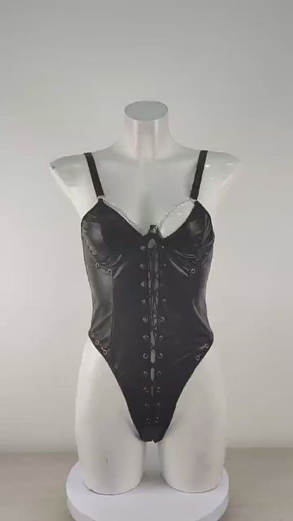 Womens Plus Size Lingerie – Black Leather Teddy Bodysuit with Deep V Neck & Adjustable Straps